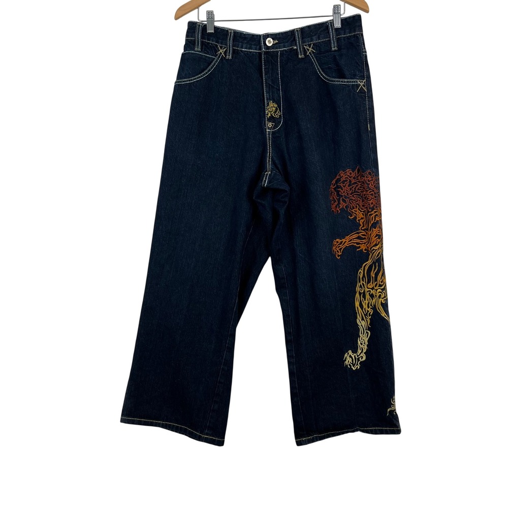 VTG Cezer 2000s Hip Hop Baggy Jeans Dark Wash Embroidered Lion Y2K Mens 32x27
